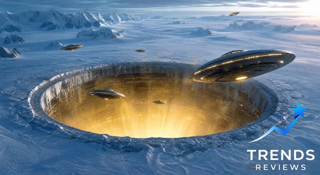 Admiral Byrd's fleet in Antarctica during Operation Highjump with UFO illustrations.